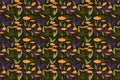 Seamless vector floral pattern with mushrooms on a green background. Royalty Free Stock Photo